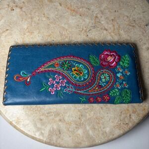 Lavishy Long Bifold Wallet OS Blue Embroidered Paisley Floral Vegan Leather
